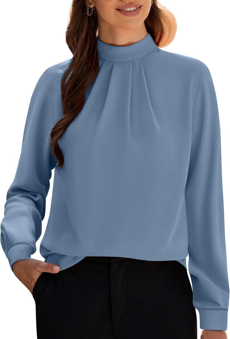 Funlingo Women's Long Sleeve Tops Dressy Casual Mock Neck Work Blouse Fall Trendy Front Pleated Tunic Chiffon Shirts (XXL)