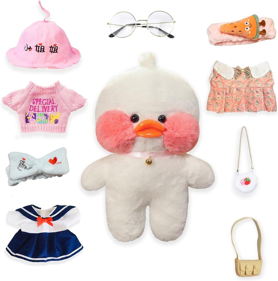 Cute Plush Toy Set with 9 Pcs Clothes, White Duck Stuffed Animal with Glasses - Kawaii Duck Gifts for Kids, Pink