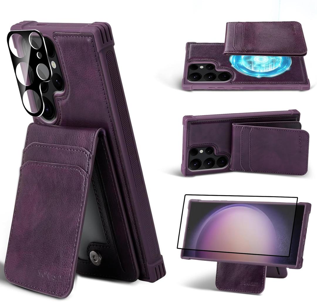 MONASAY Magwallet Case Fit for Samsung Galaxy S24 Ultra [Wireless Charging] [Lens & Glass Screen Protector Included] Flip Folio Magnetic Leather Phone Cover with Detachable Card Holder, Dark Purple