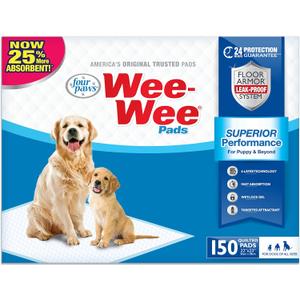 Four Paws Wee-Wee Superior Performance Unscented Pee Pads for Dogs & Puppies, Quilted Leak-Proof Dog Housebreaking Potty Training Floor Protection, 22" x 23", 150 Count