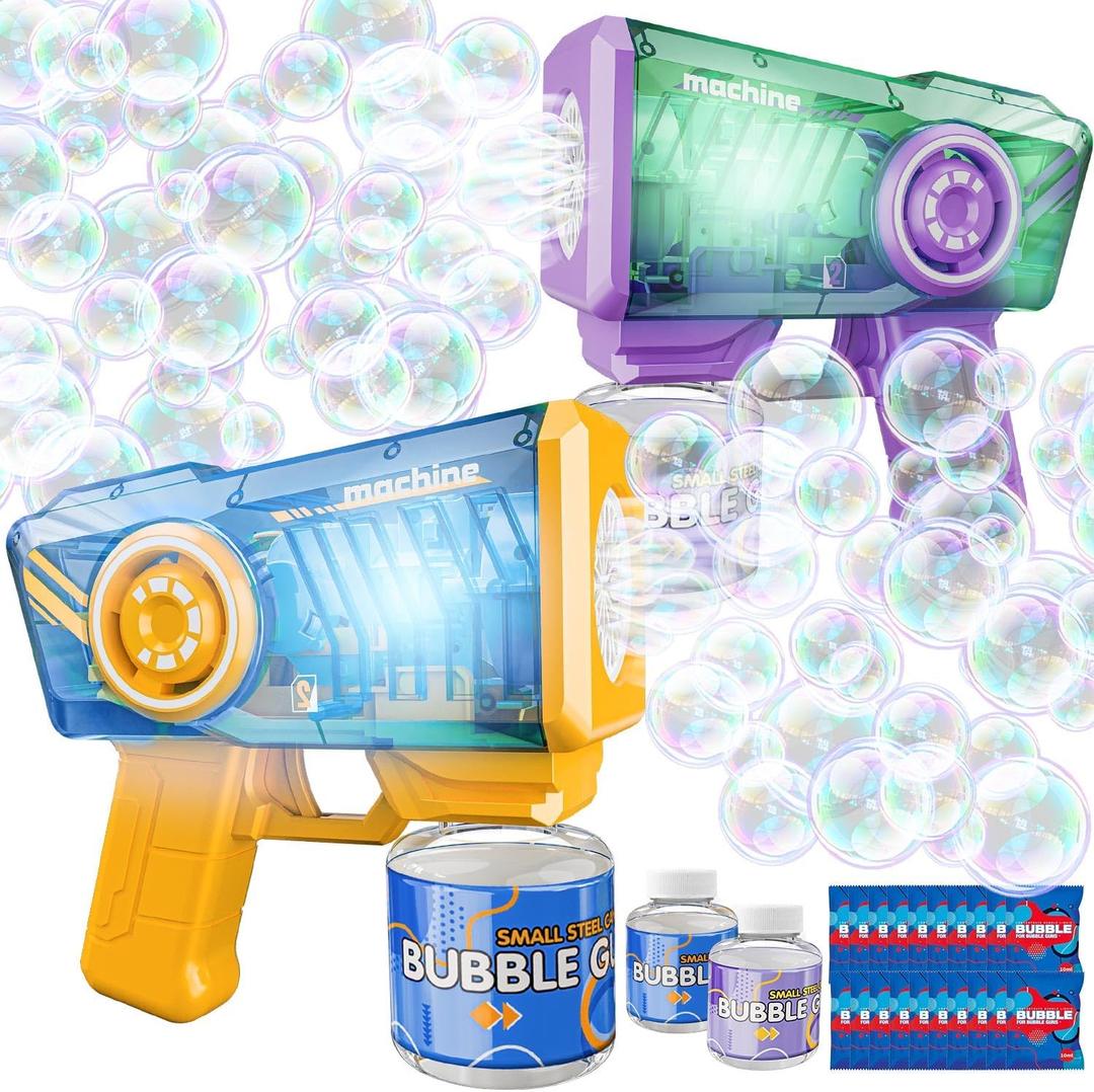 Snowalva Bubble Gun 2 Packs for Kids, Automatic Bubble Machine with 2 Bottles &25 Bags Refill Solution, LED Light Bubble Maker Gifts for Kids Boys&Girls Ages 3+ Thanksgiving Christmas