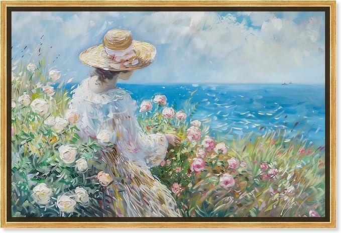 Gentle Sea Framed Impressionism 1 Piece Canvas Wall Art/Monet And Van Gogh Inspired Art, 17" x 25", White Frame