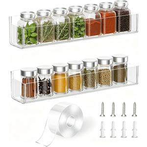 PMMASTO Adhesive Acrylic Spice Rack Organizer for Wall with Nano Double Sided Tape, Spice Shelf Organization for Kitchen Cabinet Door/Pantry Door, Wall Mount Seasoning Rack (Clear-2 Pack)