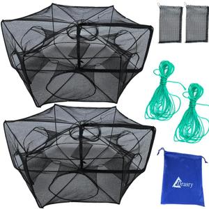 Drasry Black Fishing Bait Trap Foldable Fish Net for Minnow Crab Crayfish Crawdad Shrimp Trap Cast Net Dip Cage Collapsible Easy Use 4 6 Hole Fishing Accessories