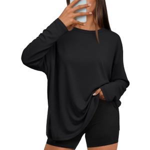 Trendy Queen Oversized Side Slit Tshirts for Women Long Sleeve Workout Tops Fall Fashion Gym Casual Tees Basic Y2K Clothes (2XL, Black)