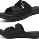 COFACE Womens Orthotic Slides Comfort Plantar Fasciitis Arch Support Slip on Flat Sandals Ladies Soft Cushion Fashion Yoga Mat Slippers With Adjustable Straps (9.5, All-black)