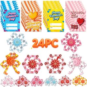 24PC Valentines Cards for Kids with 24PC Fidget Spinner, Funny Sensory Fidget Toys Deformable Chain DIY Robot Spinner, Fingertip Stress Relief Gyro Toy Sensory Toy Valentines for Class Party Favors