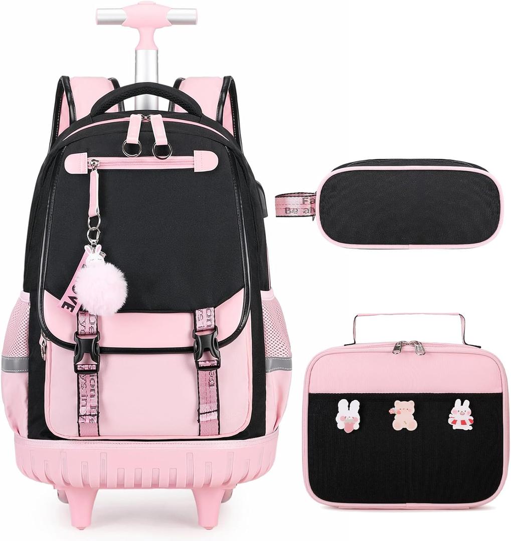 Bevalsa Rolling Backpack for Girls, 3PCS Roller School Backpacks with Lunch Box & Pen Case, Kids Bookbag Schoolbag with Wheels for Teen Girl Kindergarten Elementary Middle School (Pink)