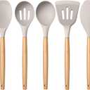 E-far Silicone Cooking Utensils Set, 5-Piece Kitchen Utensils Set with Wooden Handle for Cooking, Silicone Kitchen Nonstick Tools Spatula Turner Slotted Spoons, Nontoxic & Heat Resistant-Khaki