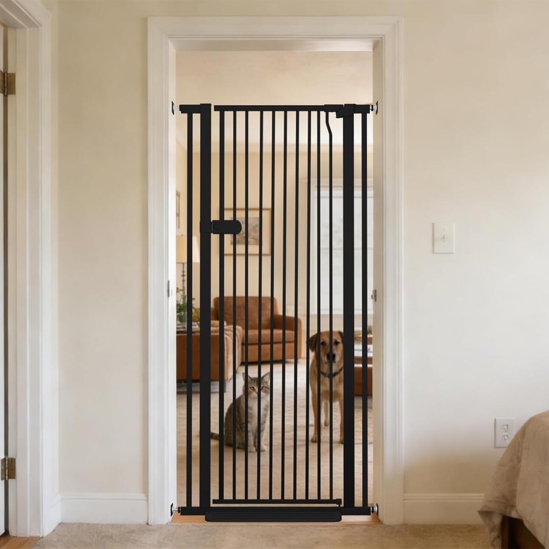 Lumizone Extra Tall Cat Gate 61.02" High Pressure Mounted 29.92"-34.24" Extra Wide 1.37" Gap No Drilling Auto-Close One-Handed Operation Tall Pet Gate for Dogs(Black, 61.02" H x 29.92"-34.24" W)