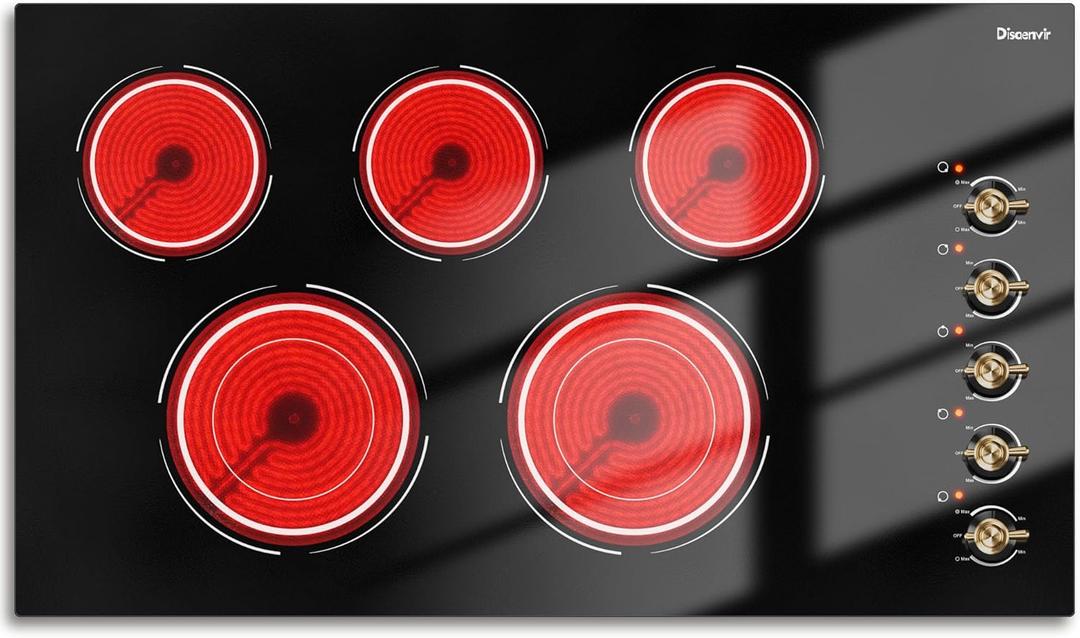 Electric Cooktop 36 Inch - 5 Burner Electric Stove Top with 8400W, 36 Inches Built-in(34.25"x19.3") Ceramic Stove with Dual Rings, Overheat Indicator, Knob Control, 220V - 240V Hard Wired