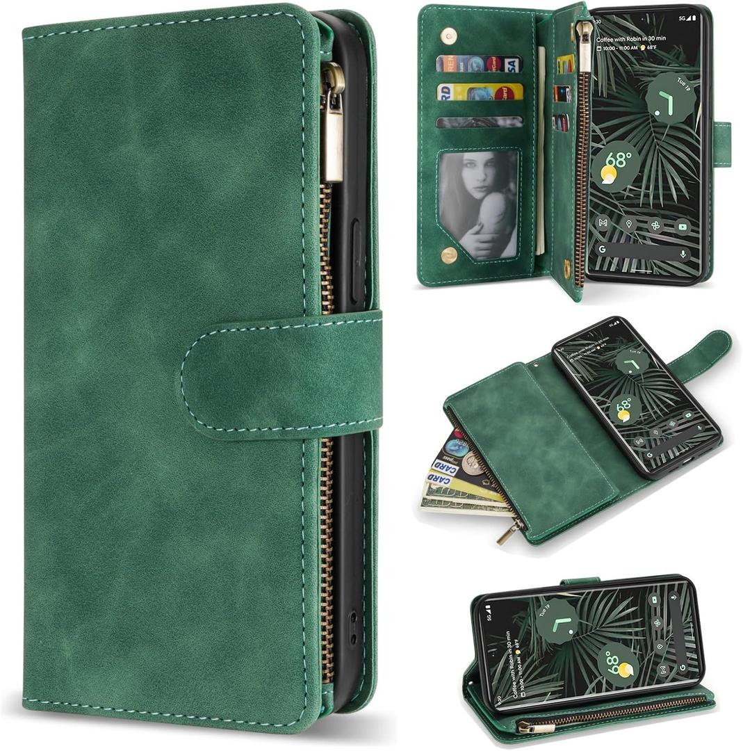 ZZXX for Google Pixel 7 Case Wallet with RFID Blocking Card Slot Premium Soft PU Leather Zipper Flip Folio Wallet with Wrist Strap Kickstand Protective for Google 7(Green 6.3 Inch)