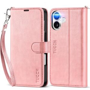 TUCCH Wallet Case for iPhone 17 (6.3") 2025, Wrist Strap | 4 Card Slots | RFID Blocking | Stand | Shockproof TPU Shell | PU Leather | Magnetic | Protective Flip Cover | Rose Gold