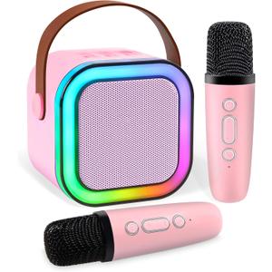 Mini Karaoke Machine,Portable Bluetooth Speaker with 2 Wireless Microphone for Kids Adults with Led Lights,Christmas Birthday Gifts for Girls Ages 4-12 Years Old Support USB/TF/AUX for Home Partypink