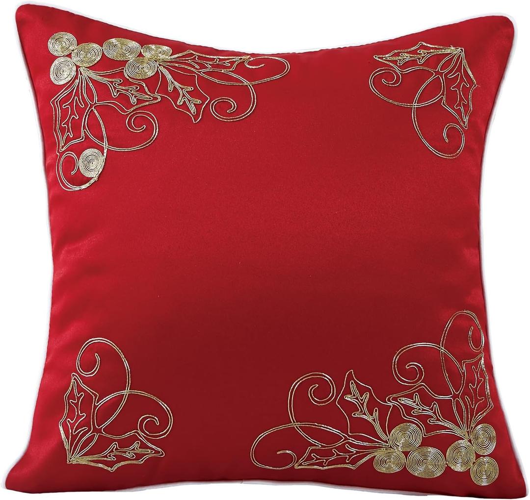 Violet Linen Seasonal Xmas Christmas Holiday Ornaments Solid Vibrant Red Pattern, Polyester Satin Fabric, Embroidered, Leaves, 18 Inch x 18 Inch, Square, Decorative Accent Throw Pillow Cover