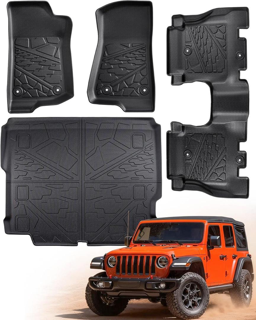 Floor Mats Cargo Liner for Jeep Wrangler JL 4X4 2018-2025 Without SUBWOOFER (Non JK or 4XE) All Weather Protector TPE Tech Trunk Mats for Wrangler JL 2019 2020 2021 2022 2023 2024 Accessories