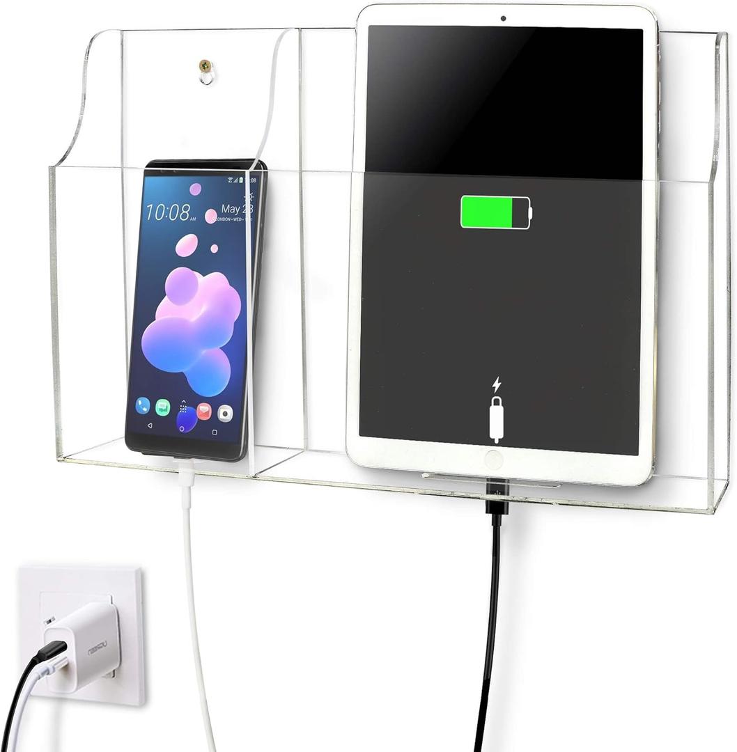 Yoillione Wall Mount Tablet and Phone Charging Stand for Tablet, Smartphone, E-Book, 2 Slots Remote Control Holder for TV, Clear Acrylic Remote Storage Media Organizer Box - Product 2.0 Size Upgrade