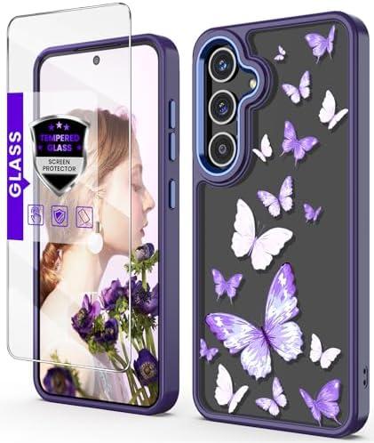 DagoRoo for Galaxy S24 5G Case with Tempered Glass Screen Protector,Samsung S24 5G [Military Grade Protective] Slim Soft TPU & Hard PC,Girls Women Crystal Clear Flower Pattern Cases-Purple Butterfly 2 Pack