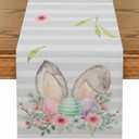 Striped Bunny Rabbit Ears Flower Easter Eggs Table Runner Spring Holiday Kitchen Dining Table Decoration for Indoor Outdoor Party Decor 13 x 90 Inch (Red)