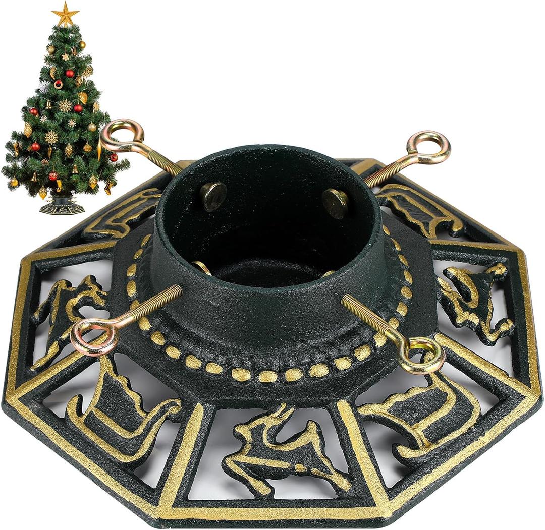 Huwena Christmas Tree Stand for Live Trees, Real Xmas Tree Holder Base Cast Iron, Supports up to 8ft, 4-Inch Diameter, 120lb Weight Capacity for Christmas Rustic Decoration (Deer, Sled Style)