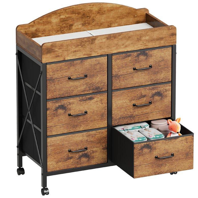 Yetom Baby Changing Table Dresser with Wheels, 6-Fabric Drawer Baby Dresser with Changing Table Top, Waterproof Diaper Changing Station & Pad, Mobile Storage Unit, Baby Furniture, Rustic Brown