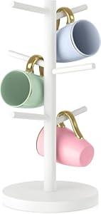 Wisuce Black Coffee Mug Tree Bamboo Mug Holder Coffee Cup Stand Mug Holders for Countertop Rack Organizer Stand (White)
