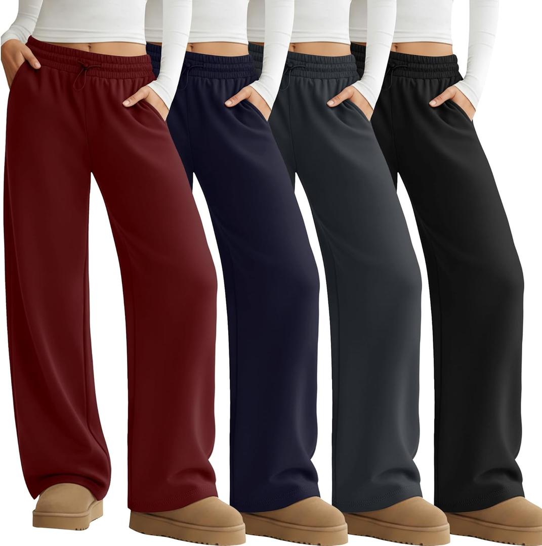 4 Pack Womens Wide Leg Sweatpants Elastic Waist Lounge Baggy Pants Straight Leg Soft Casual Joggers with Pockets (Medium, Black, Dark Gray, Navy Blue, Red)