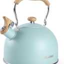 Tea Kettle, BELANKO 85 OZ / 2.5 Liter Whistling Tea Kettle, Tea Pots for Stove Top Food Grade Stainless Steel with Wood Pattern Folding Handle, Loud Whistle Kettle for Tea, Coffee, Milk - Turquoise