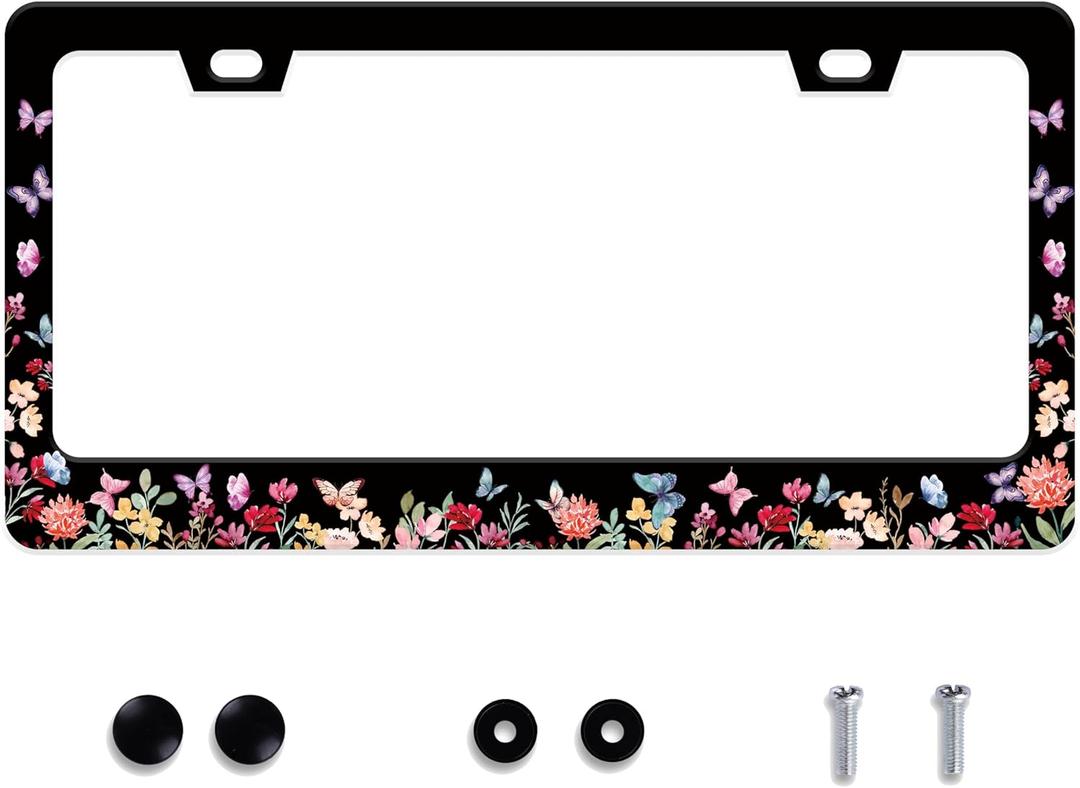 Butterfly Flower License Plate Frame Forest Flower Stainless Steel License Plate Frame Auto Parts Decoration with Screws License Plate Holder for Men Women 12x6 Inch