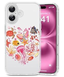 Dibrell for iPhone 16 Plus Case, [Full Camera Protection] [Not Yellowing] [Military-Grade Drop Protection] Cute Clear Slim Shockproof Protective Phone Cover for Women Girls 6.7", Sea Loving/ Pink