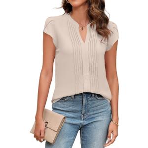 Blooming Jelly Womens Blouses Dressy Causal V Neck Pintuck Short Petal Sleeve Business Tops Ladies Summer Trendy Work Shirt (Medium, Apricot)