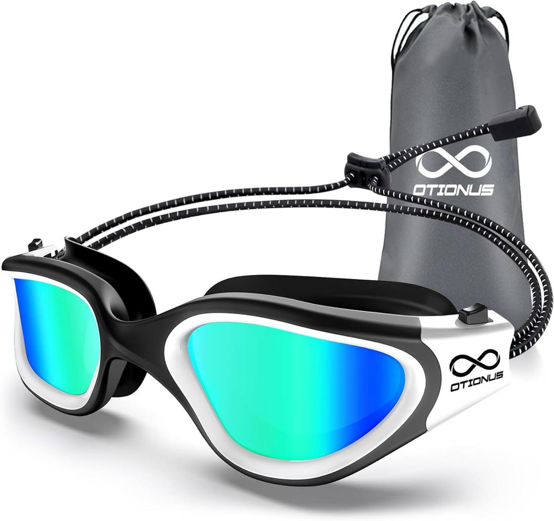 Swim Goggles, Polarized Adult Swimming Goggles Bungee Strap No Hair Pulling Anti-fog Pool Goggles for Men Women (01-black White/Polarized Mirror Gold)