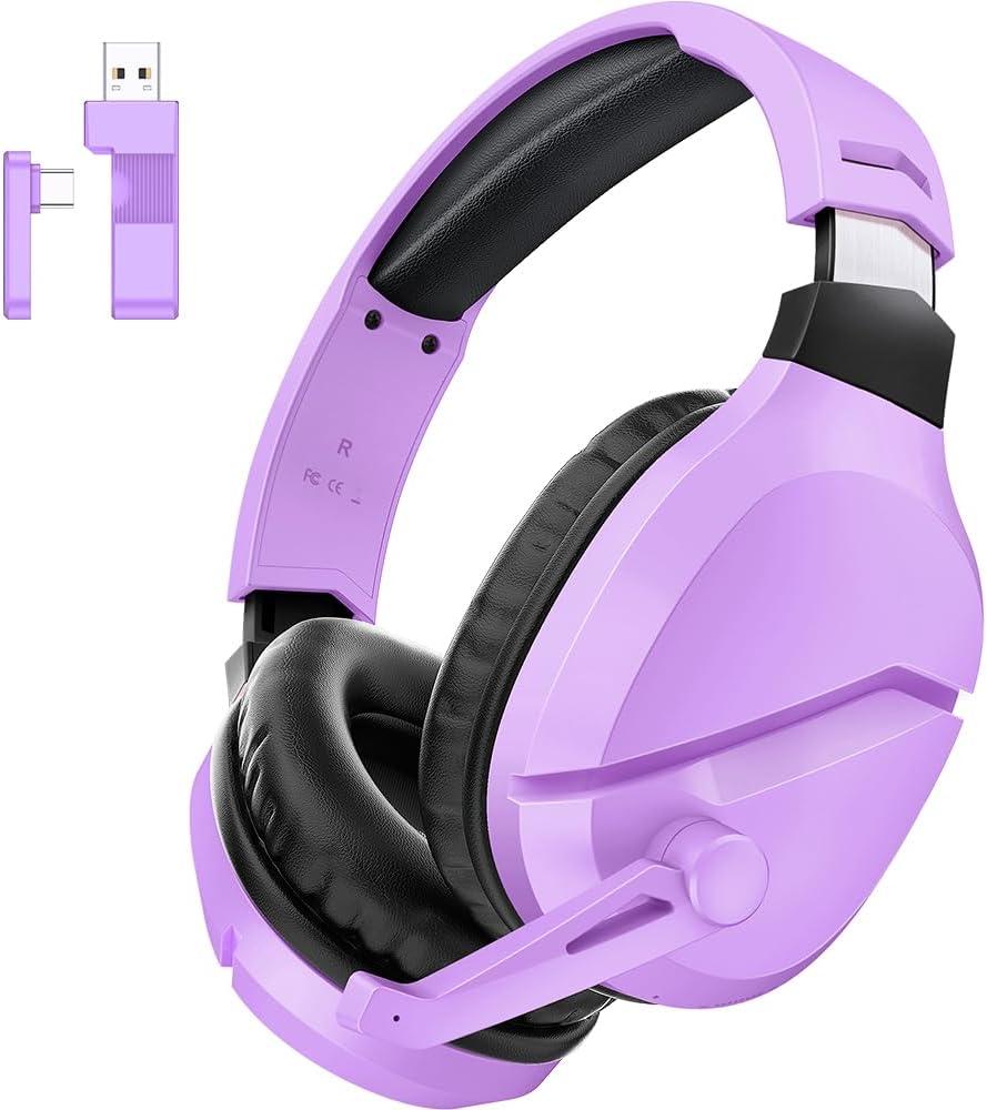 Wireless Gaming Headset with Noise Canceling Microphone for PS5, PC, PS4, 2.4G/Bluetooth Gaming Headphones with USB and Type-c Connector, Wired Mode for Controller (Purple)