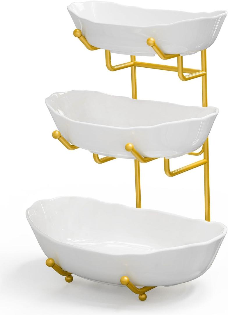 Fruit Bowl for Kitchen Counter, 3 Tier Ceramic Fruit Basket with Metal Stand, Tiered Fruits Stand for Countertop, Serving Bowls for Fruit Vegetable Snack Nuts (Gold, White)