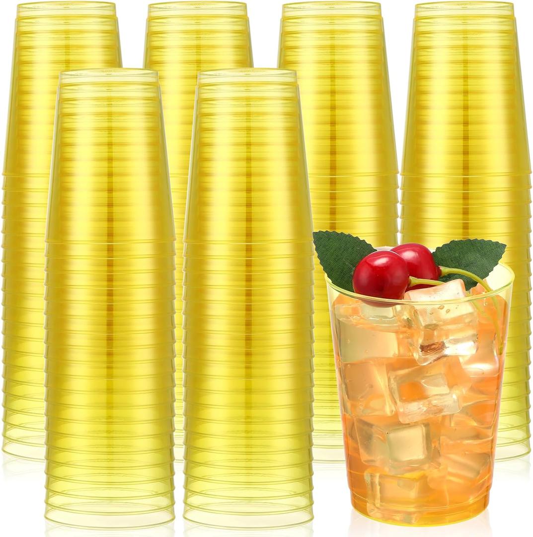 Minatee 100 Count Plastic Cups Disposable Fancy Cups Heavy Duty Wine Cocktail Glasses for Mother's Day, Wedding, Graduation, and Birthday Party Plastic Drinking Tumblers(Yellow,10 oz)