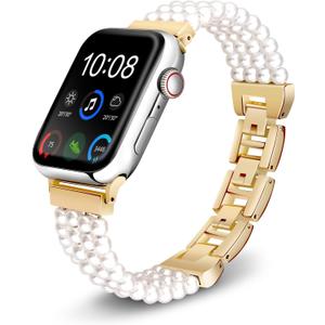 Pearl Bracelet Watch Band Compatible with Apple Watch Ultra SE Series 10 9 8 7 6 5 4 3 2 1, Stainless Steel Pearl Band for iWatch 38mm 40mm 41mm 42mm 44mm 45mm 49mm