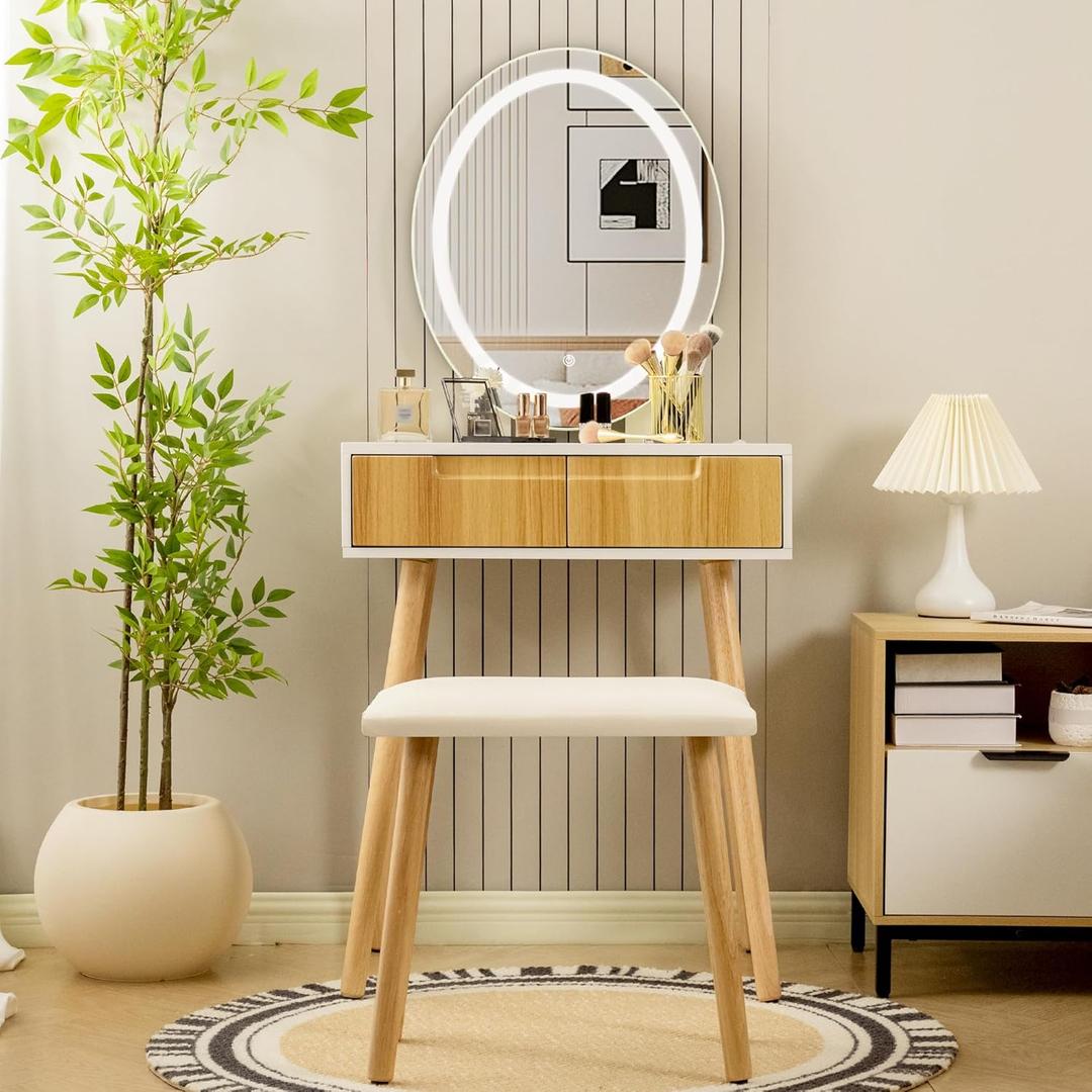 Small Vanity Desk with Mirror and Lights, Wooden Handles with Cushioned Stool, 3 Lighting Modes Round Makeup Table with Upgraded Silent Slides, Compact Vanity for Small Spaces, Natural Oak (51.7" X 23.6" X 18.1")