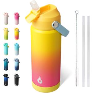 BJPKPK Insulated Water Bottle with Straw Lid, 18oz Thermo Water Bottles with Soft Nozzle, Flex Handle & Non-slip Boot, BPA Free Leak Proof Stainless Steel Metal Thermo, Tumblers, Cups,Rainbow