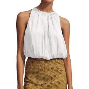 Womens Summer Halter Tops Cute Sleeveless Crewneck Puffy Hem Bubble Crop Tank Top Casual Dressy Going Out Blouse Top (White, S)