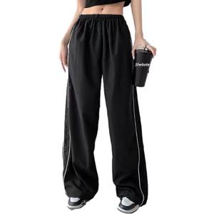 Shebote Womens Parachute Pants Wide Leg Baggy Y2K Elastic Waist Jogger Sweatpants Track Pants Streetwear(0046-Black-L)