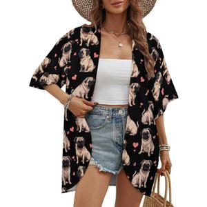 Cute Pug Kimono Cardigans for Women Casual Tops Cover up Open Front Wear for Travel Picnic Holiday, X-Large (Black, XL)