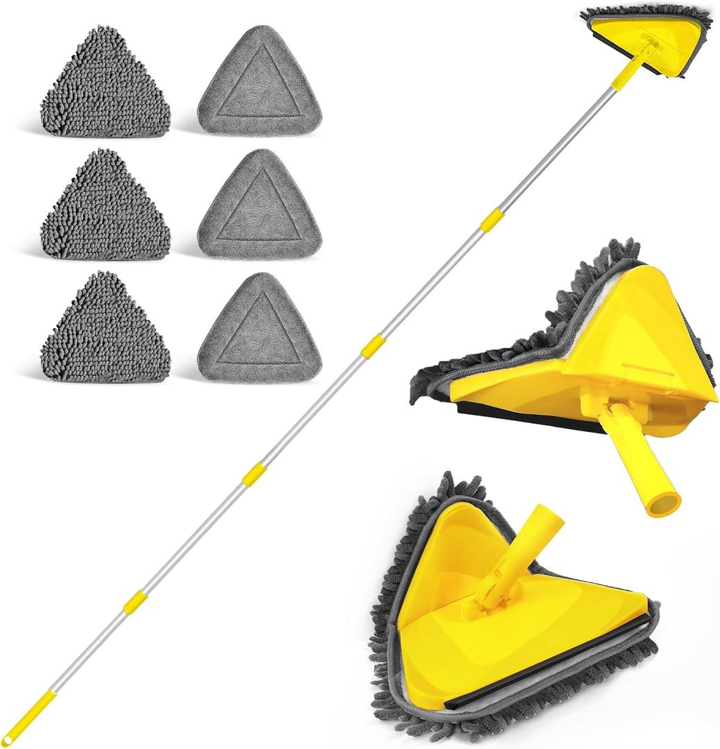 JEHONN Wall Mop with Long Handle 80 Inches, Upgraded 180 Collapsible Baseboard Cleaner Tool with Squeegee, Ceiling Duster with 3 Microfiber and 3 Chenille Pads for Cleaning Window, Cabinet (Yellow)