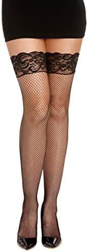 Dreamgirl womens Fishnet Thigh High Stockings With Silicone Lace Top and Back Seam 5 Pack/ One size