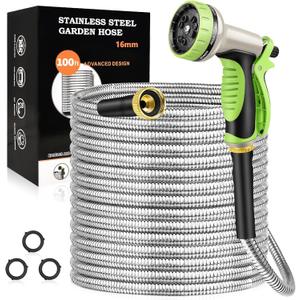 GOXAWEE Garden Hose 100FT, Stainless Steel Heavy Duty Water Hose With 10 Function Nozzle, No-Kink, Tough & Flexible, Sturdy and Lightweight, Rust Proof for Yard, Outdoor, RV
