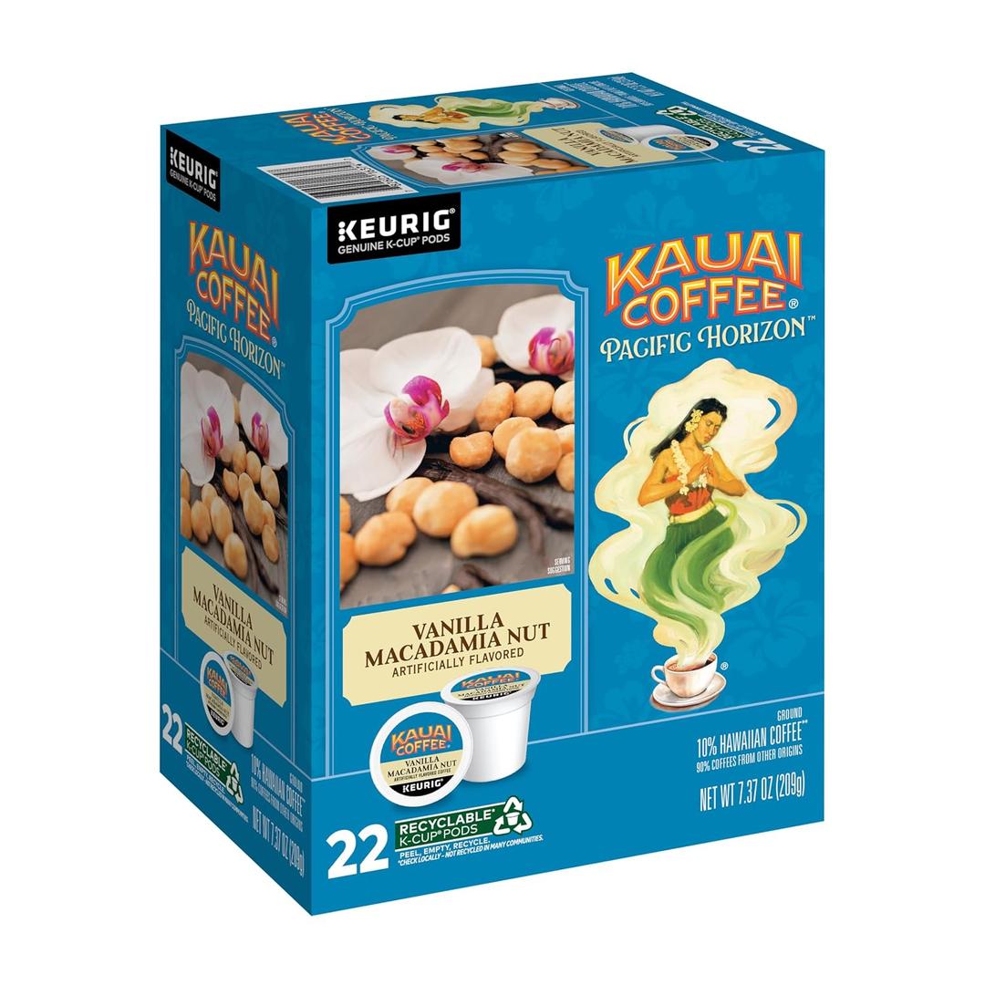 Kauai Coffee K-Cup Pods for Keurig Brewers Arabica Coffee, 10% Hawaiian Medium Roast, Vanilla Beans with Toasted Macabamia Nuts Vanilla Macadamia Nut, 1 Pack of 22 Single Serve K-Cups (EXP 04/22/28)