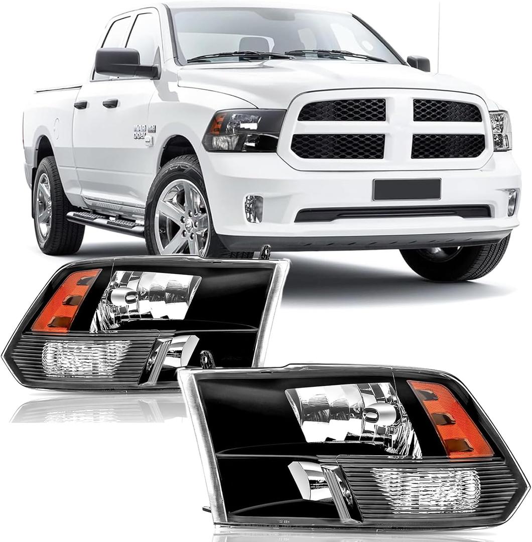 APSVE Headlights Assembly compatible with 2009-2018 Dodge Ram 1500,2010-2018 Ram 2500 3500 Halogen Head light Headlamp Replacement, Black Housing Amber Corner