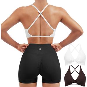 SUUKSESS Women 2 Piece Open Back Strappy Sports Bra Pack Twist V Neck Workout Crops (Medium, #2 White & Dark Brown)