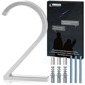 VONDERSO 6 Inch Floating House Numbers for Outside,Modern Metal Address Number 2,Durable Weather-Resistant Silver Powder Coated Finish,No Fading (Glossy Silver)