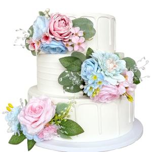 Pre-Made Baby Blue Pink Artificial Flowers for Cakes Decorations Pastel Blush Pink Rose Wedding Cake Toppers Decorating Silk Fake Floral Anniversary Birthday Party Table Arrangements Baby Shower