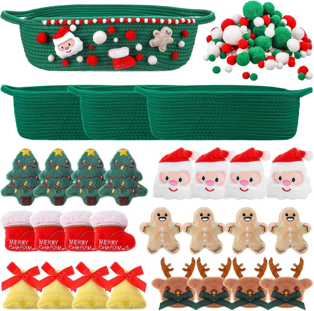 3 Set Christmas Woven Basket with Cute DIY Doll Cotton Rope Christmas Basket for Gift Empty with Handles 15 x 9.9 x 5 Inch Woven Rope Storage Bin Santa Xmas Holiday Decorative(Green)